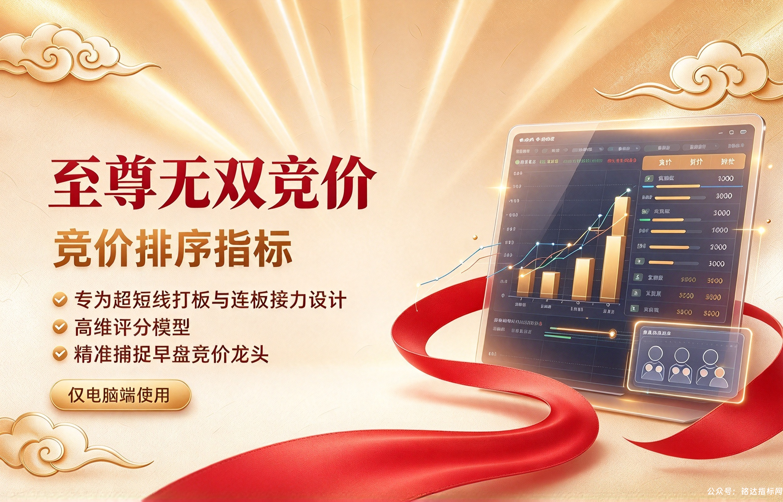 【至尊无双竞价】竞价排序指标 是一款专为超短线打板与连板接力设计的高维评分模型，精准捕捉早盘竞价龙头仅电脑端使用